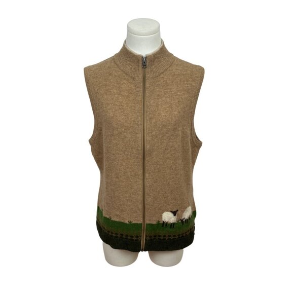 Woolrich Womens Green & Brown Sleeveless Lambswool Zip-Up Sheep Design Vest Sz M - Picture 1 of 7